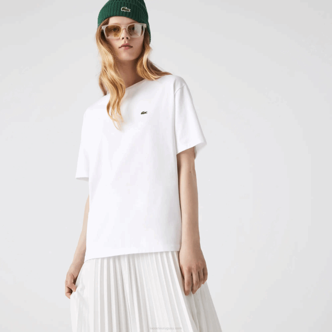 blanco 001 VVL0A2590 mujer Lacoste playera de algodón premium con cuello redondo