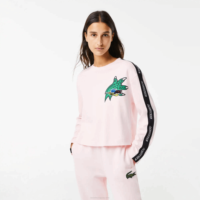 rosa claro t03 VVL0A2570 mujer Lacoste camiseta holgada con banda estampada