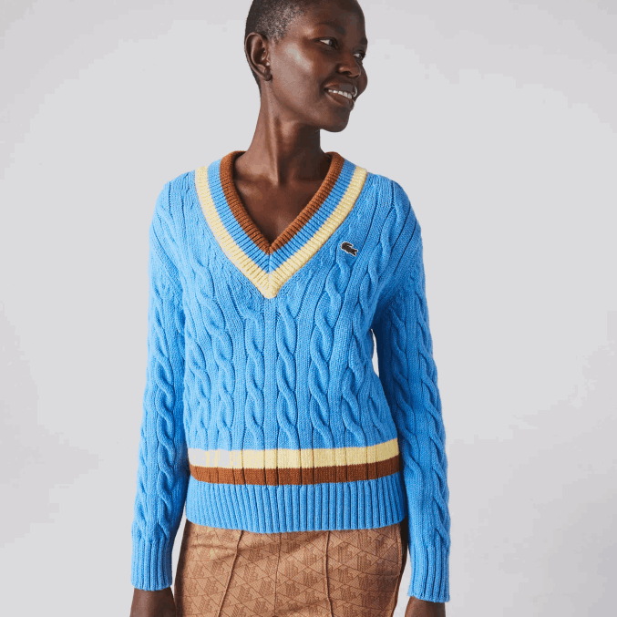 azul amarillo marrón 060 VVL0A2636 mujer Lacoste jersey de ochos de lana con cuello en V