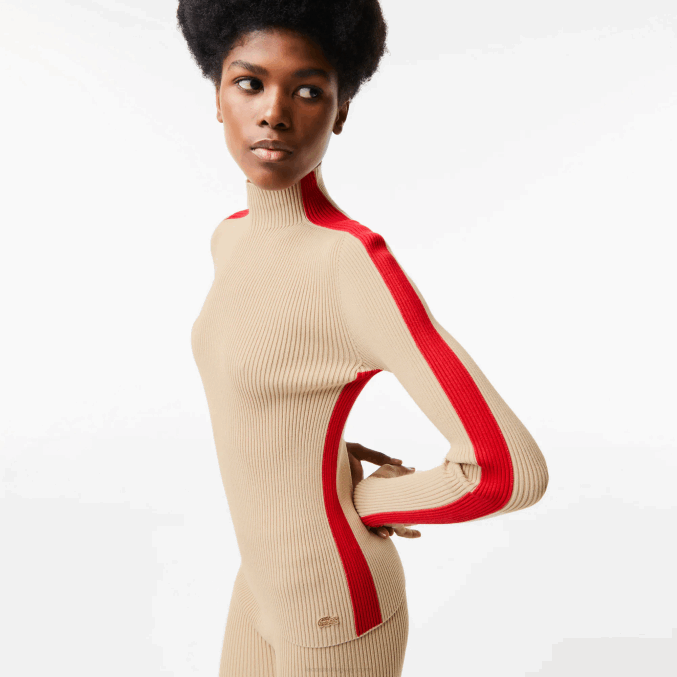 beige rojo vsc VVL0A2657 mujer Lacoste jersey sin costuras con bandas en contraste