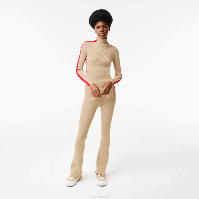 beige rojo vsc VVL0A2657 mujer Lacoste jersey sin costuras con bandas en contraste