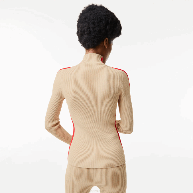 beige rojo vsc VVL0A2657 mujer Lacoste jersey sin costuras con bandas en contraste