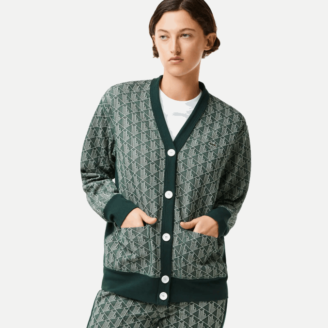 beige verde 7m4 VVL0A2635 mujer Lacoste cárdigan holgado con monograma estampado