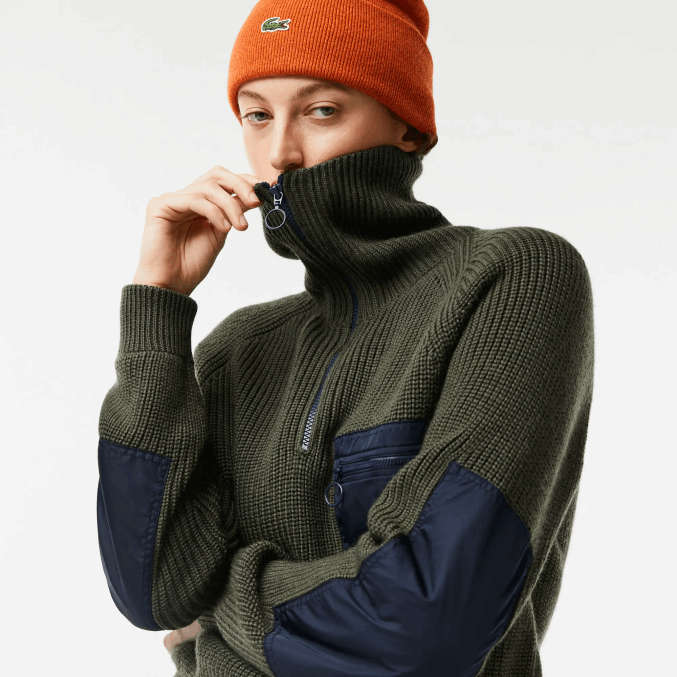 caqui verde azul marino u74 VVL0A2656 mujer Lacoste suéter colorblock con cuello camionero y cremallera