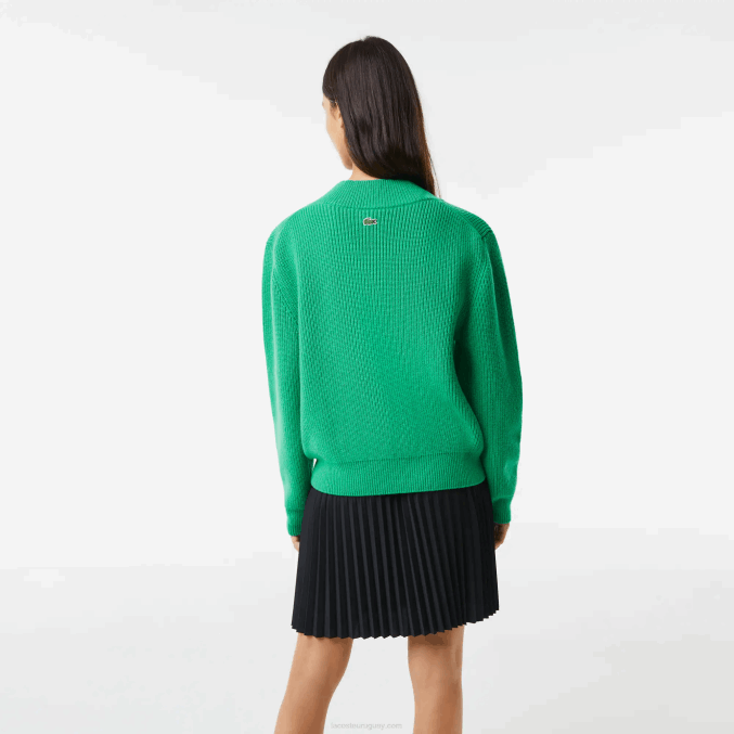 ldm verde VVL0A2643 mujer Lacoste jersey de lana con cuello de pico y placa de cómic