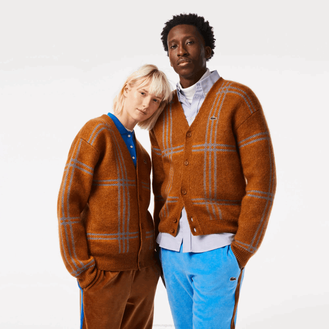marrón azul naranja vn2 VVL0A1395 mujer Lacoste cárdigan de lana con motivo de tartán
