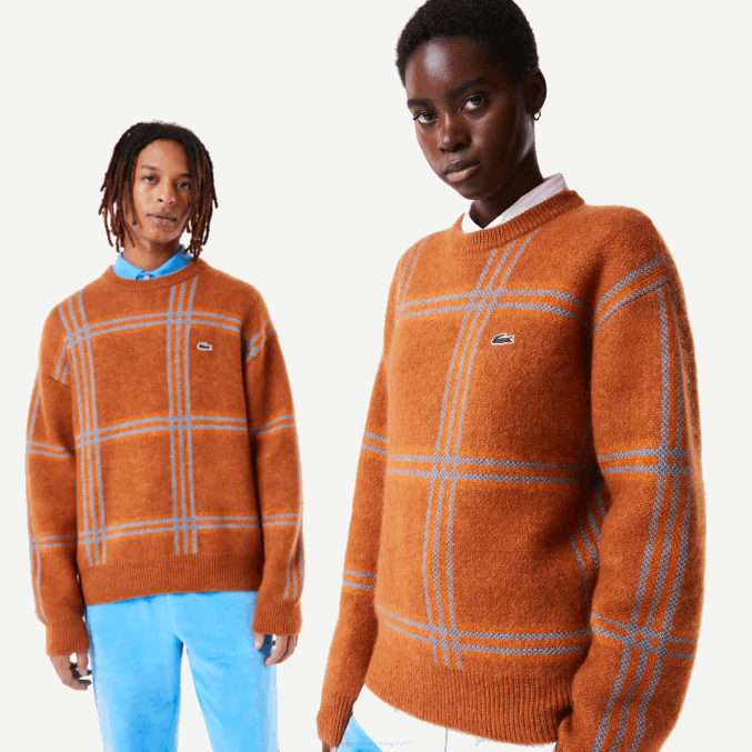 marrón azul naranja vn2 VVL0A1426 mujer Lacoste suéter de corte holgado en mezcla de lana con estampado de tartán