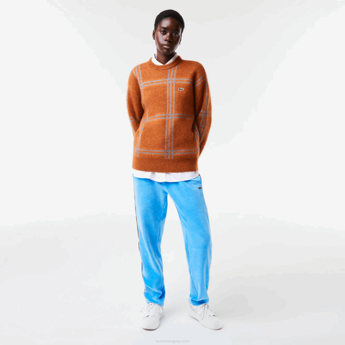 marrón azul naranja vn2 VVL0A1426 mujer Lacoste suéter de corte holgado en mezcla de lana con estampado de tartán