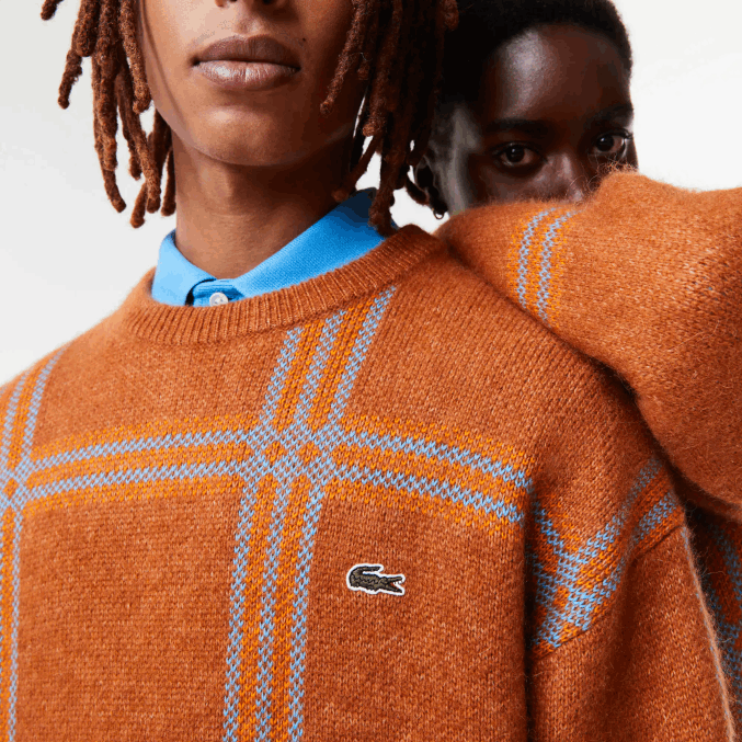 marrón azul naranja vn2 VVL0A1426 mujer Lacoste suéter de corte holgado en mezcla de lana con estampado de tartán
