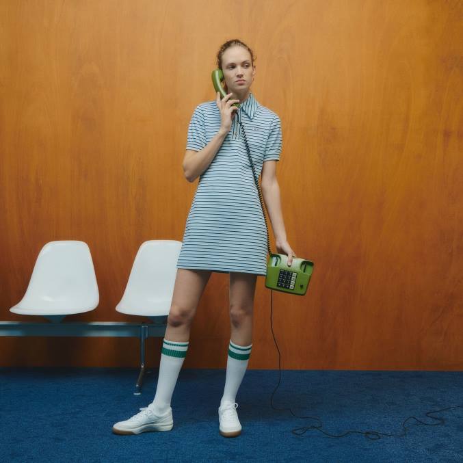 azul marino blanco cjr VVL0A2672 mujervestido de jacquard a rayas de lacoste x goop