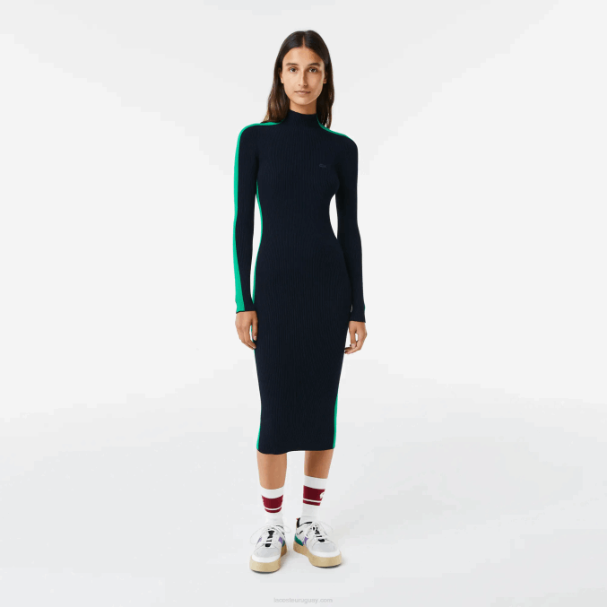 azul marino verde 9eq VVL0A2485 mujer Lacoste vestido tejido sin costuras con banda en contraste
