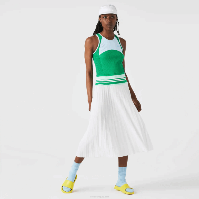 azul verde blanco 2c5 VVL0A2497 mujer Lacoste vestido sin mangas plisado con bloques de color