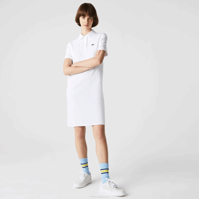blanco 001 VVL0A2511 mujer Lacoste vestido tipo polo de piqué con manga trompeta