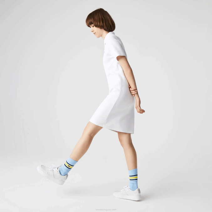 blanco 001 VVL0A2511 mujer Lacoste vestido tipo polo de piqué con manga trompeta