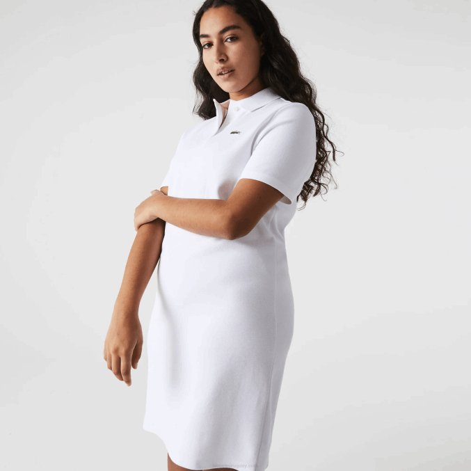 blanco 001 VVL0A2511 mujer Lacoste vestido tipo polo de piqué con manga trompeta