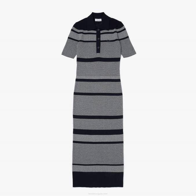 negro/blanco hhh VVL0A2509 mujer Lacoste vestido tipo polo a rayas de mezcla de punto de algodón