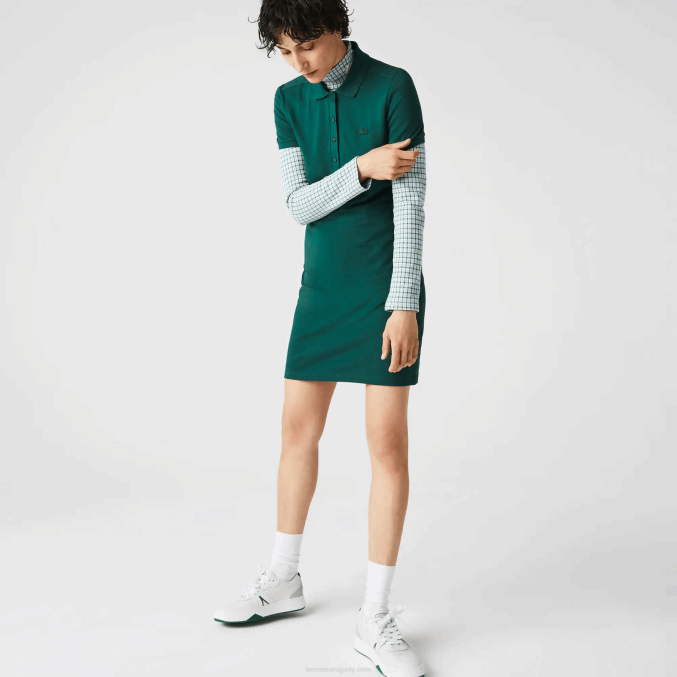 verde 3m2 VVL0A2467 mujer Lacoste vestido tipo polo de piqué de algodón elástico