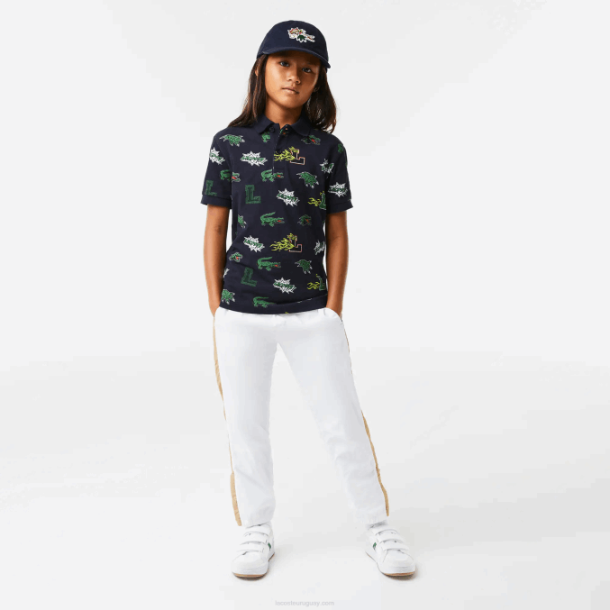 azul marino 166 VVL0A2955 niños Lacoste polo con estampado de cocodrilo y efecto cómic