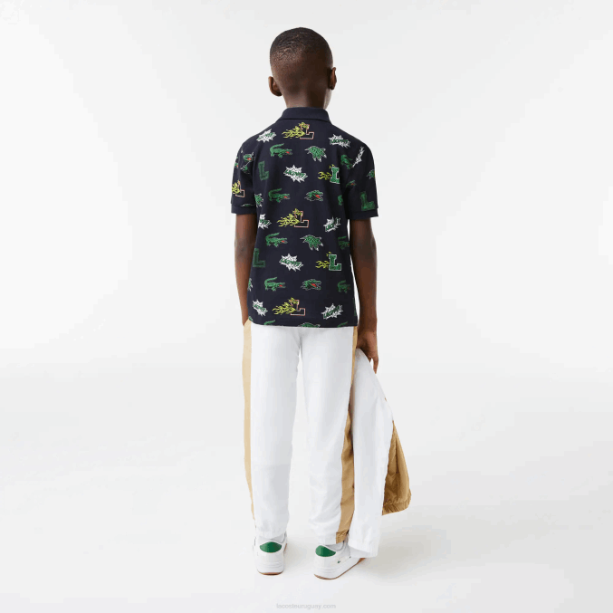 azul marino 166 VVL0A2955 niños Lacoste polo con estampado de cocodrilo y efecto cómic