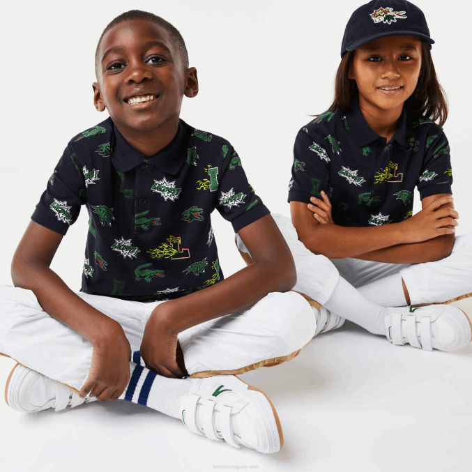 azul marino 166 VVL0A2955 niños Lacoste polo con estampado de cocodrilo y efecto cómic