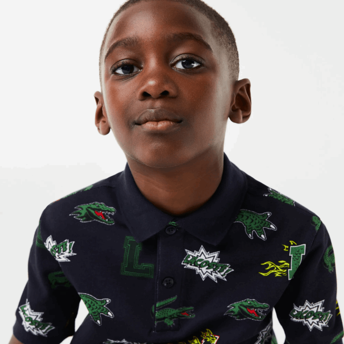 azul marino 166 VVL0A2955 niños Lacoste polo con estampado de cocodrilo y efecto cómic