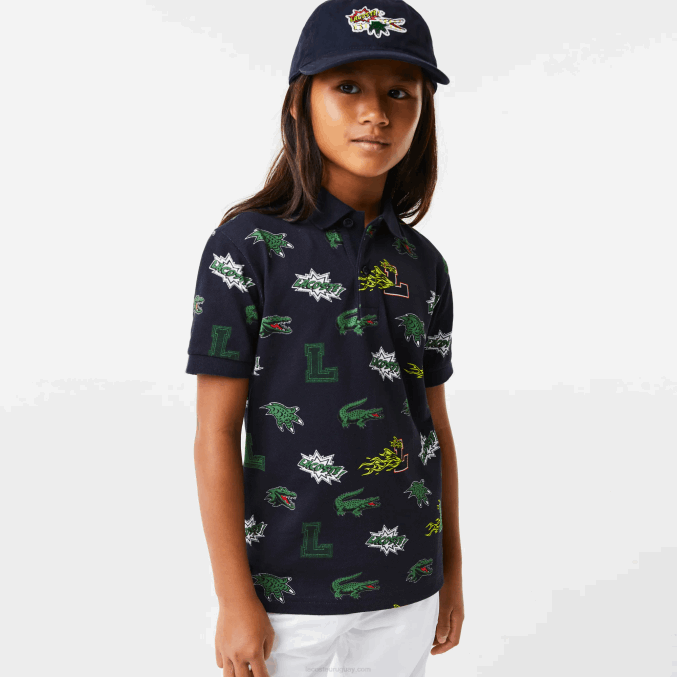 azul marino 166 VVL0A2955 niños Lacoste polo con estampado de cocodrilo y efecto cómic