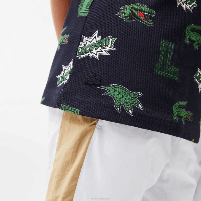 azul marino 166 VVL0A2955 niños Lacoste polo con estampado de cocodrilo y efecto cómic