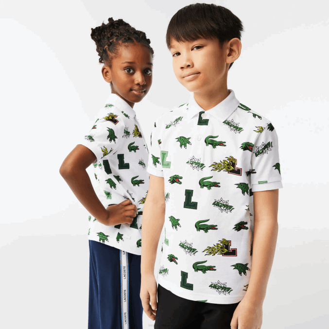 blanco 001 VVL0A2956 niños Lacoste polo con estampado de cocodrilo y efecto cómic