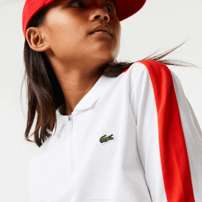 blanco rojo 7hu VVL0A3144 chicas Lacoste polo con cremallera y banda en contraste