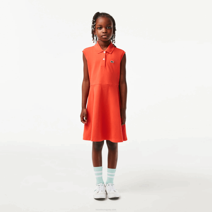 naranja 02k VVL0A3078 chicas Lacoste vestido tipo polo de piqué elástico entallado y acampanado