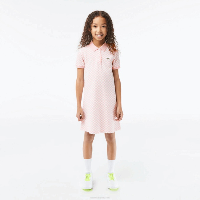 rosa blanco nw5 VVL0A3093 chicas Lacoste vestido polo de algodón orgánico con estampado de cuadros
