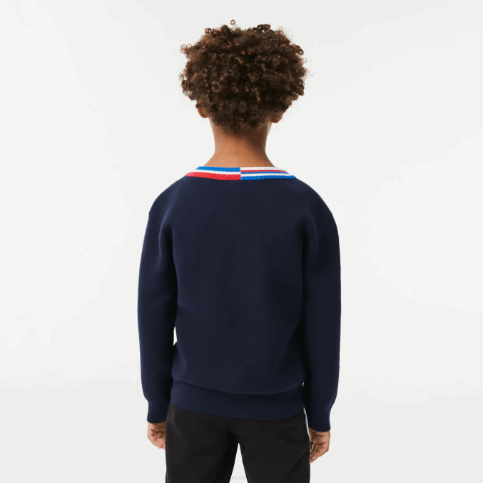 azul marino blanco qrn VVL0A3284 niños Lacoste suéter con rayas en contraste en el cuello