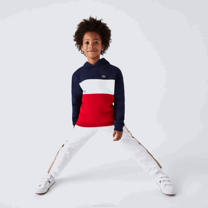 azul marino blanco rojo ley VVL0A3208 Niños Lacoste sudadera con capucha y diseño colour block