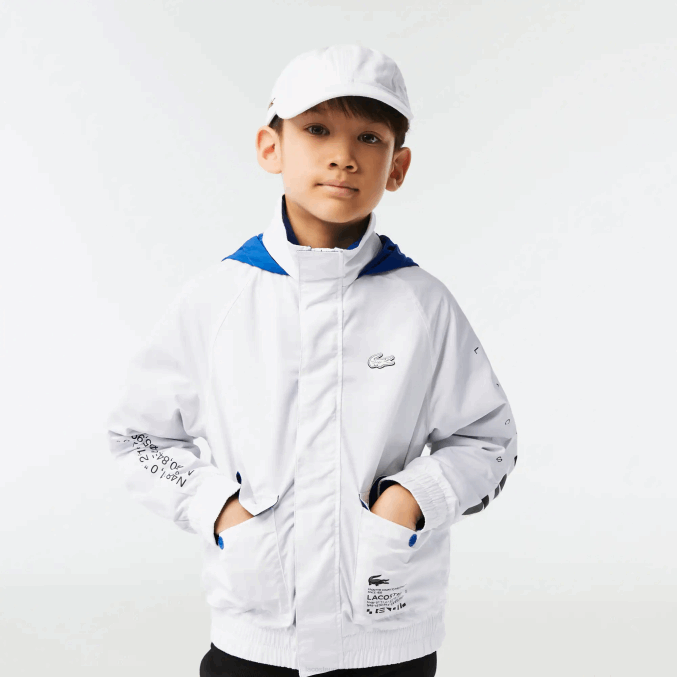 blanco azul negro 9cw VVL0A3240 niños Lacoste chamarra repelente al agua con capucha removible