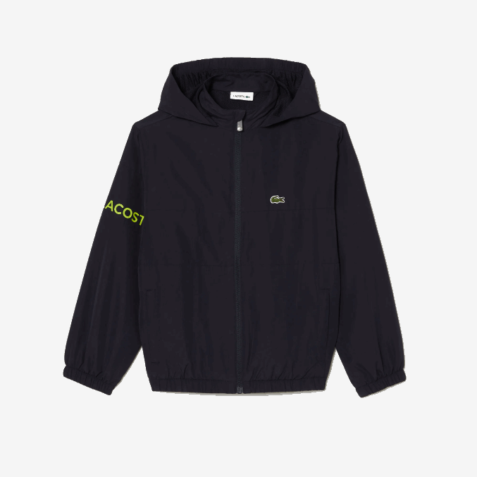 fondo azul marino VVL0A3053 niños Lacoste chaqueta con capucha y cremallera de poliéster reciclado