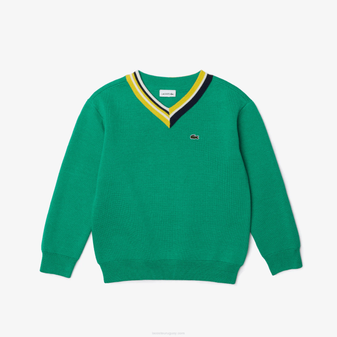 verde blanco ec1 VVL0A3283 niños Lacoste suéter con rayas en contraste en el cuello